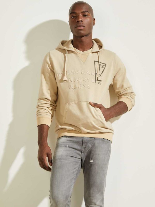 Beige Men's Guess Eco Murray Logo Hoodie Australia Sale | 460AMEKYJ