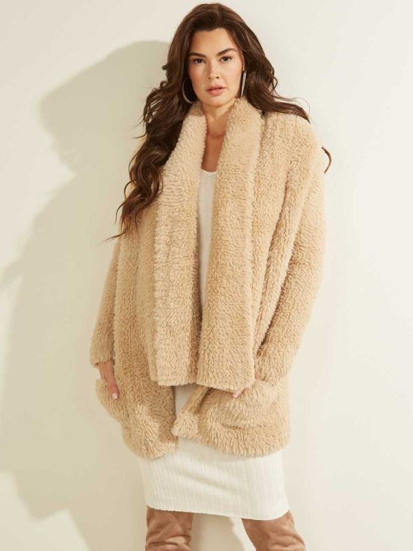 Beige Women's Guess Rebecca Faux-Fur Jackets Australia Sale | 986OEHWBZ