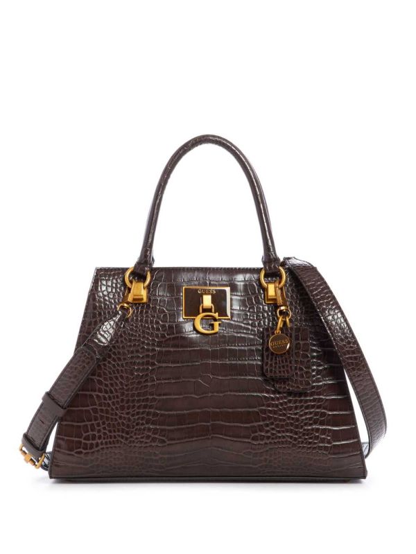 Black Brown Women's Guess Stephi Croc Girlfriend Satchel Bags Australia Sale | 875HPYAIW