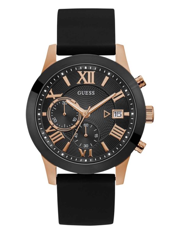 Black Men's Guess Black and Rose Gold-Tone Multifunction Watches Australia Sale | 750SCVELU