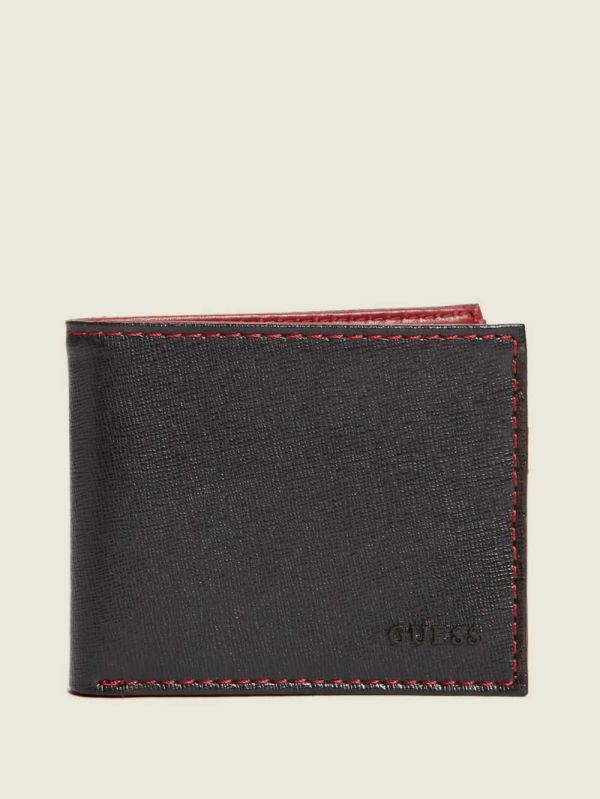 Black Men's Guess Contrast Stitch Slimfold Wallets Australia Sale | 329LPEWAJ