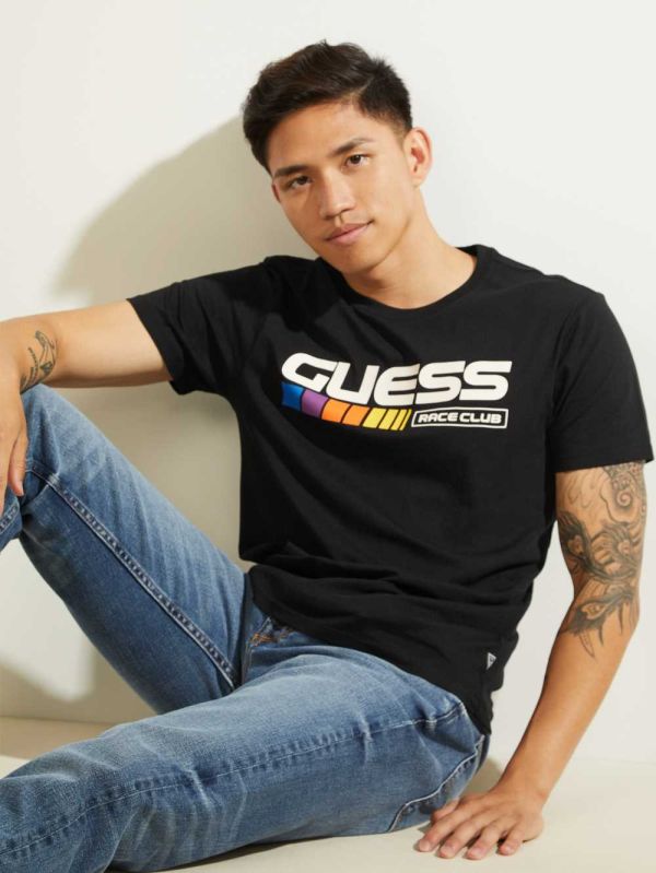 Black Men's Guess Eco Guess Race Club T-shirt Australia Sale | 569GNRCXA