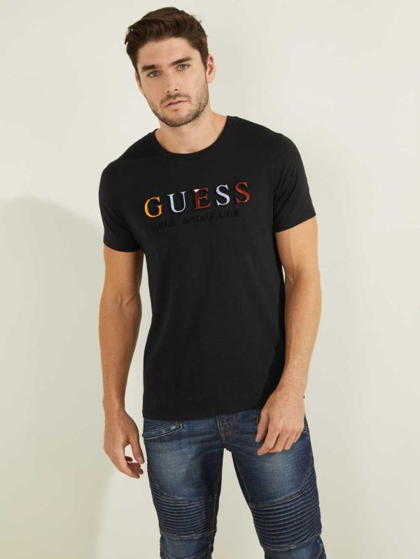 Black Men's Guess Embossed Logo T-shirt Australia Sale | 827DNZBCG