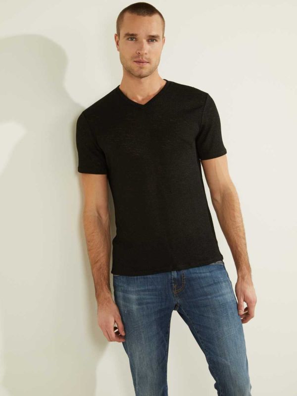 Black Men's Guess Gauze V-Neck T-shirt Australia Sale | 280YKGLTA