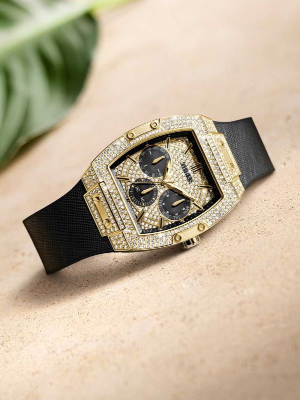 Black Men's Guess Gold-Tone Crystal Multifunction Watches Australia Sale | 230OQKNIB