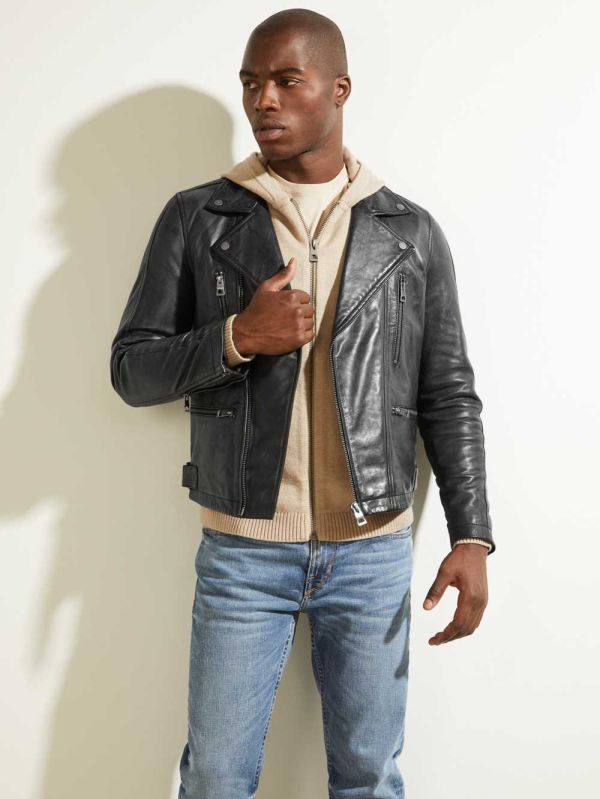 Black Men's Guess Leather Biker Jackets Australia Sale | 318MOPZBU