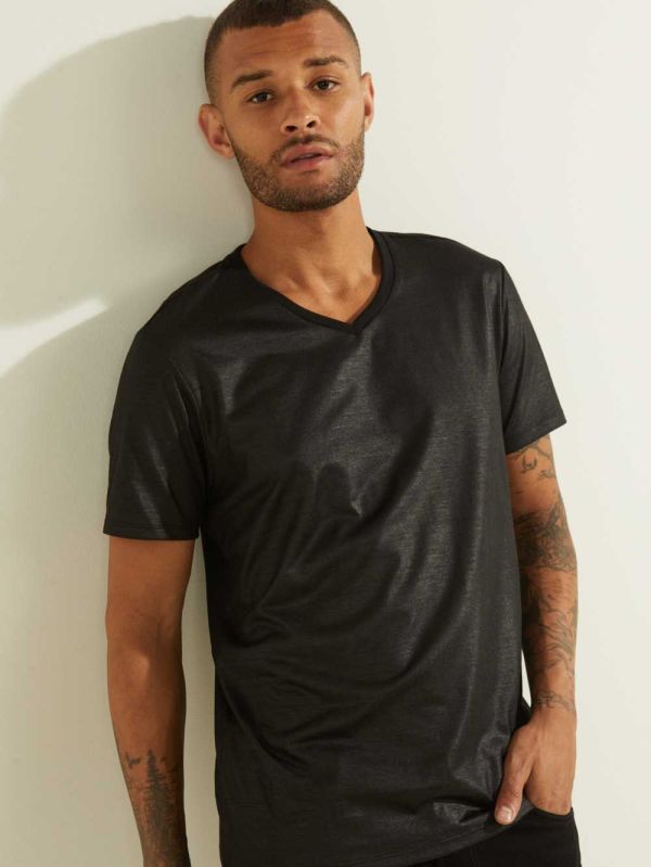 Black Men's Guess Mason Yoke V-Neck T-shirt Australia Sale | 683IQOSKV