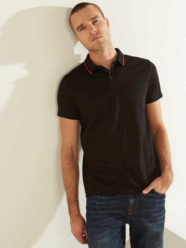 Black Men's Guess Pique Logo-Taping Polo Shirts Australia Sale | 821KHUQYS