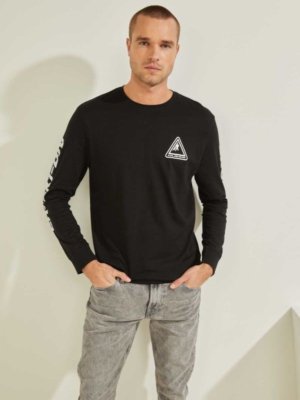 Black Men's Guess Ski Logo T-shirt Australia Sale | 014BOSZID