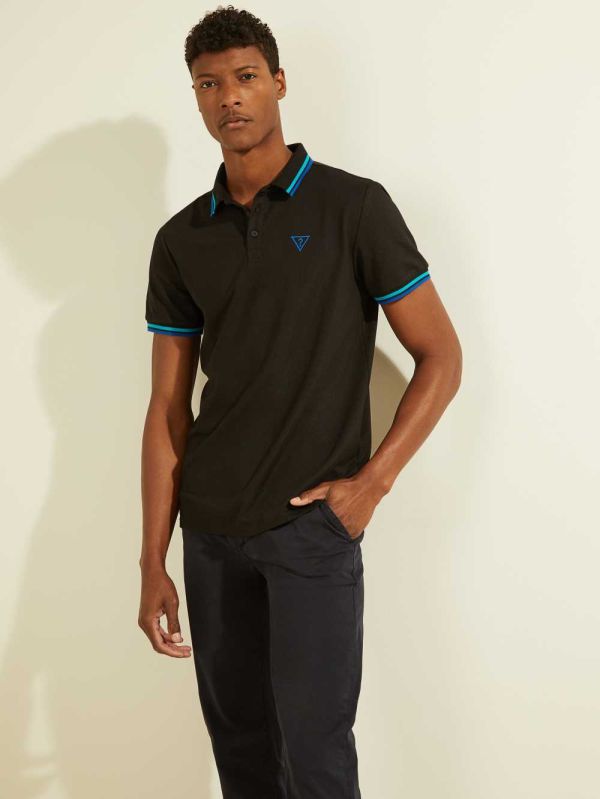 Black Men's Guess Sports Pique Logo Polo Shirts Australia Sale | 025OEKZBY