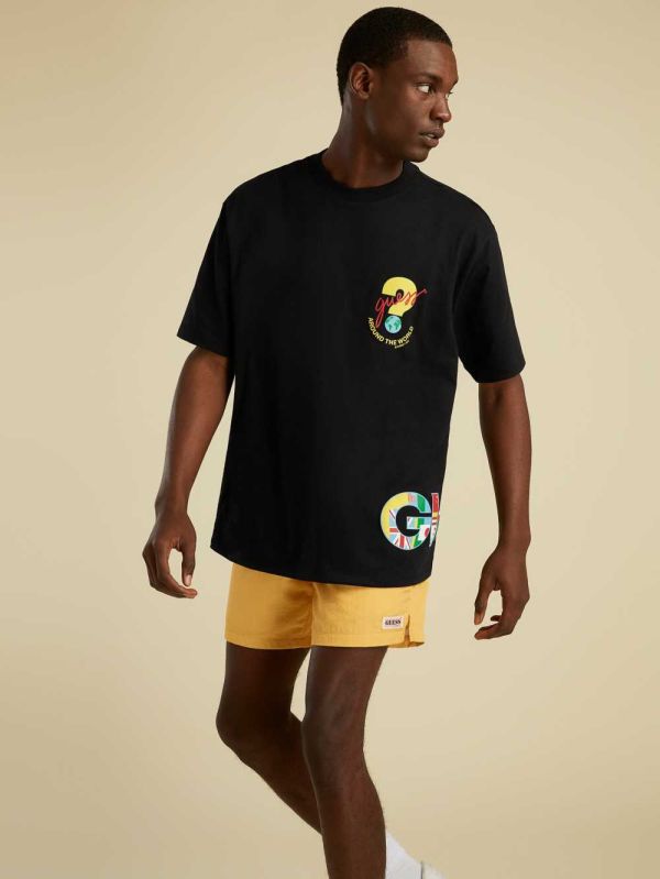 Black Men's Guess Summer Games Logo T-shirt Australia Sale | 521PSLETF