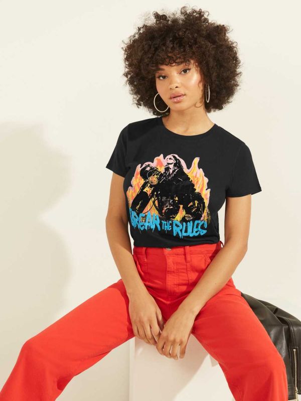 Black Women's Guess Break Rules Graphic T-shirt Australia Sale | 785YMWPRH