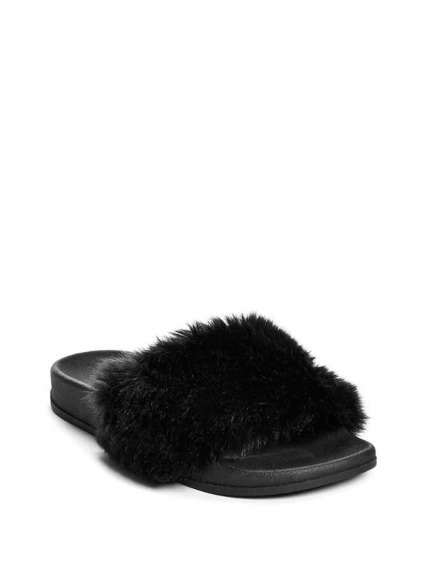 Black Women's Guess Buffie Leopard Faux-Fur Slide Slide Sandals Australia Sale | 534LQSHYW