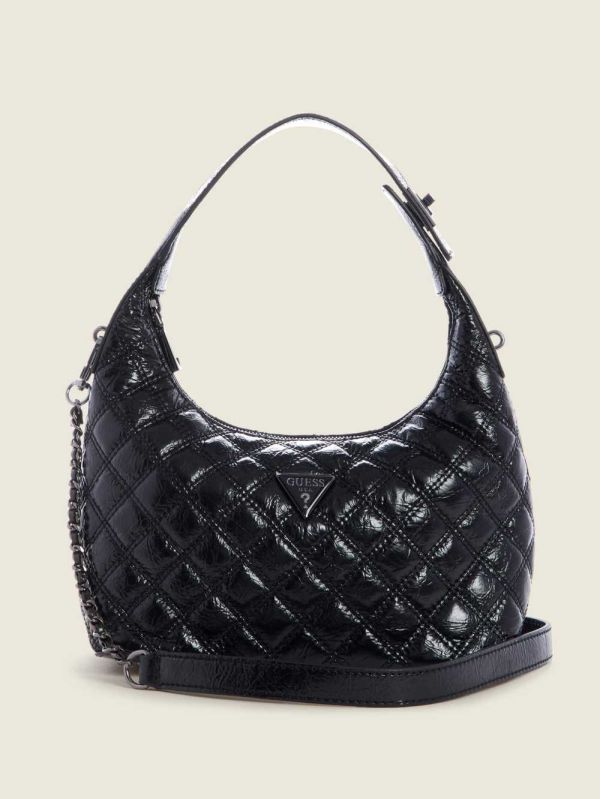 Black Women's Guess Cessily Quilted Hobo Bag Shoulder Bags Australia Sale | 201AGHZXW