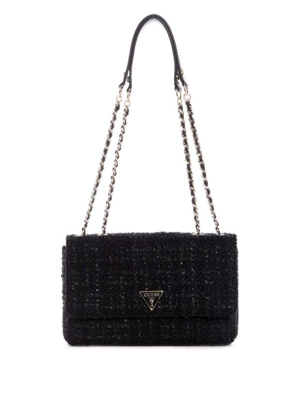 Black Women's Guess Cessily Tweed Convertible Crossbody Bags Australia Sale | 623JWAOMK