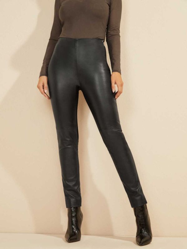 Black Women's Guess Coy High-Rise Leather Leggings Australia Sale | 589UWZQYB