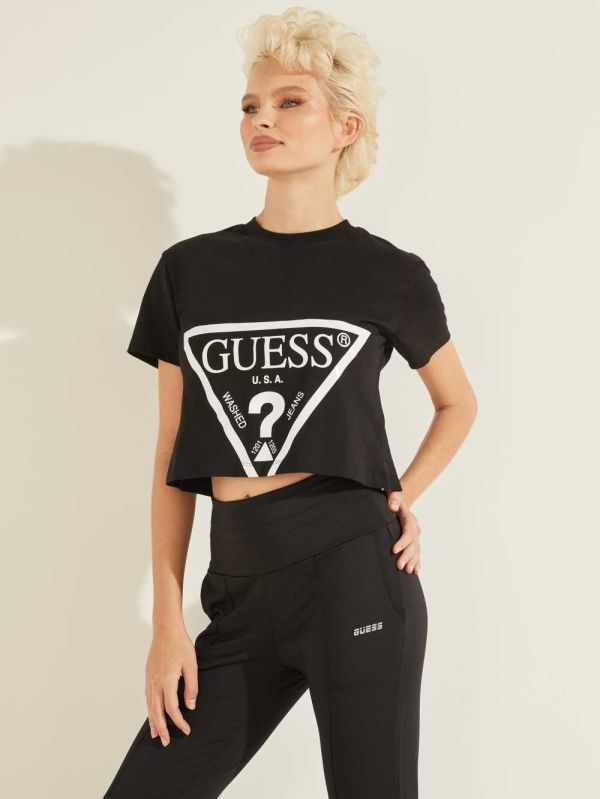 Black Women's Guess Cropped Logo T-shirt Australia Sale | 358EFVMPY