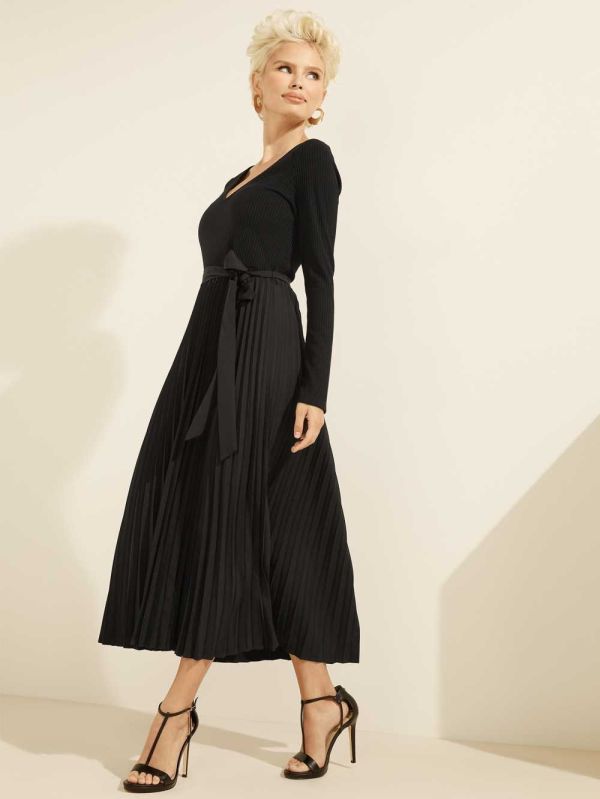 Black Women's Guess Eco Erynn Pleated Long-Sleeve Dresses Australia Sale | 486TPZWKG