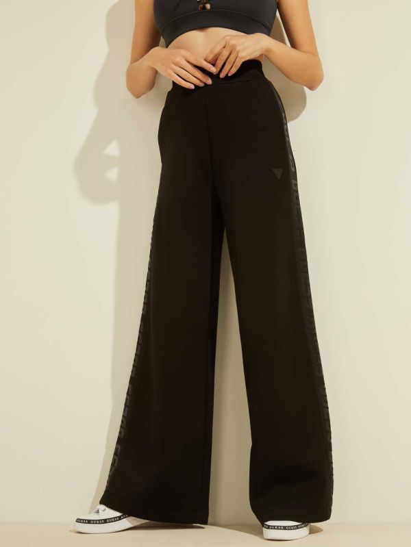 Black Women's Guess Eco Logo Tape Scuba Wide-Leg Pants Australia Sale | 261QXUNZG