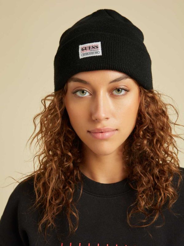 Black Women's Guess Originals Logo Beanie Australia Sale | 782UBQLFS