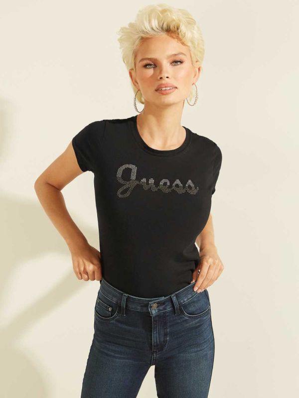 Black Women's Guess Split Script Logo T-shirt Australia Sale | 428XGMZCT