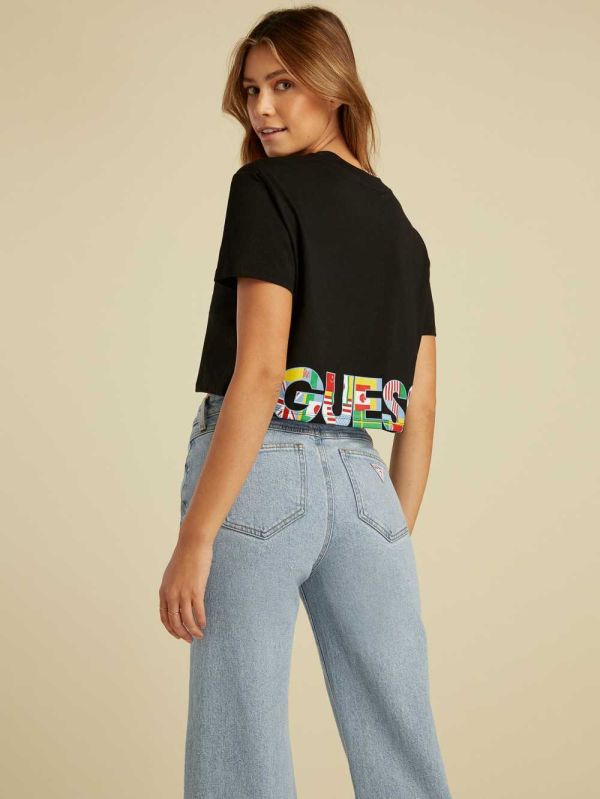 Black Women's Guess Summer Games Crop T-shirt Australia Sale | 594DFKBAO