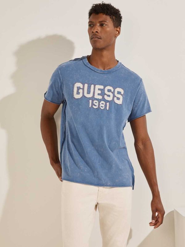 Blue Men's Guess Eco Raw Patchwork Logo T-shirt Australia Sale | 913VUPHWL