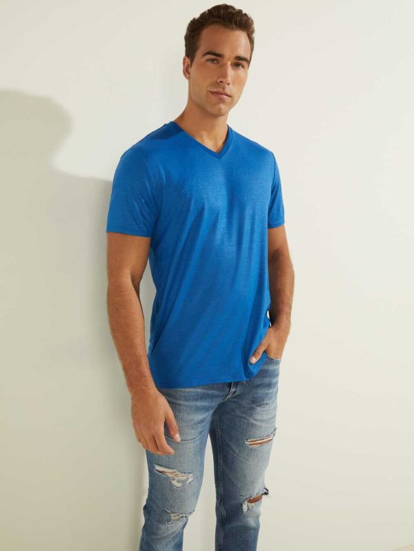 Blue Men's Guess Mason Yoke V-Neck T-shirt Australia Sale | 078CHEUKM