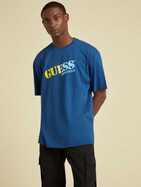 Blue Men's Guess Originals Ombre Logo T-shirt Australia Sale | 795CJORBG