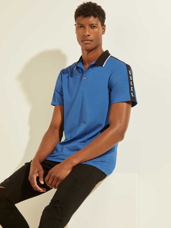 Blue Men's Guess Pique Logo-Taping Polo Shirts Australia Sale | 453MJRCFV