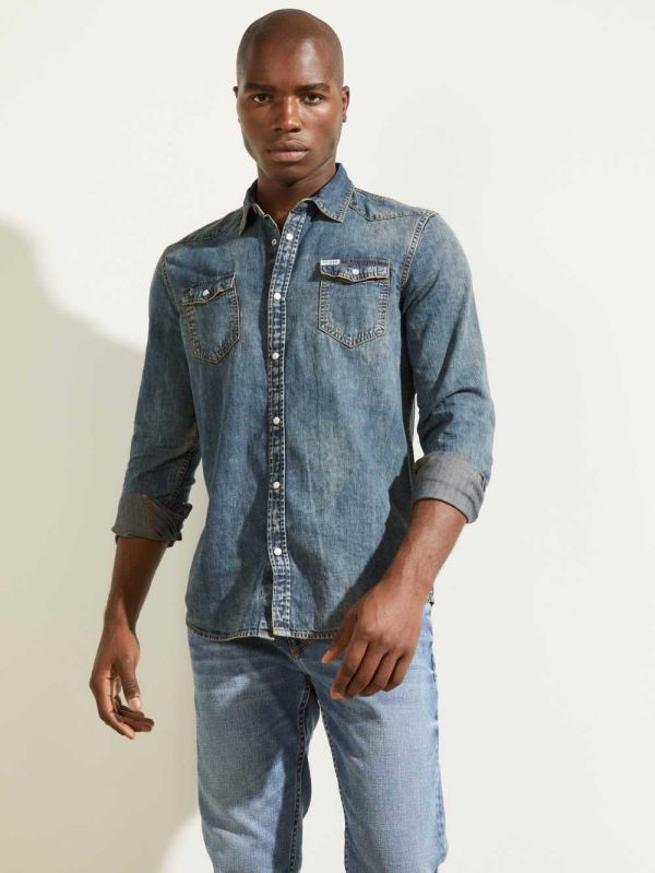 Blue Men's Guess Truckee Denim Western Shirts Australia Sale | 240QDVBXM