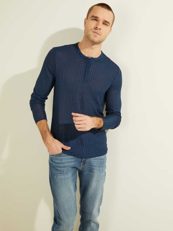 Blue Men's Guess Warehouse Long-Sleeve Henley T-shirt Australia Sale | 257ZEYFNA