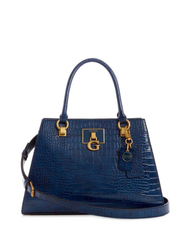 Blue Women's Guess Stephi Croc Girlfriend Satchel Bags Australia Sale | 865ZBMXTQ