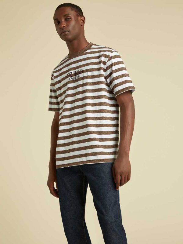 Brown Men's Guess Originals Striped T-shirt Australia Sale | 952DZOYRJ