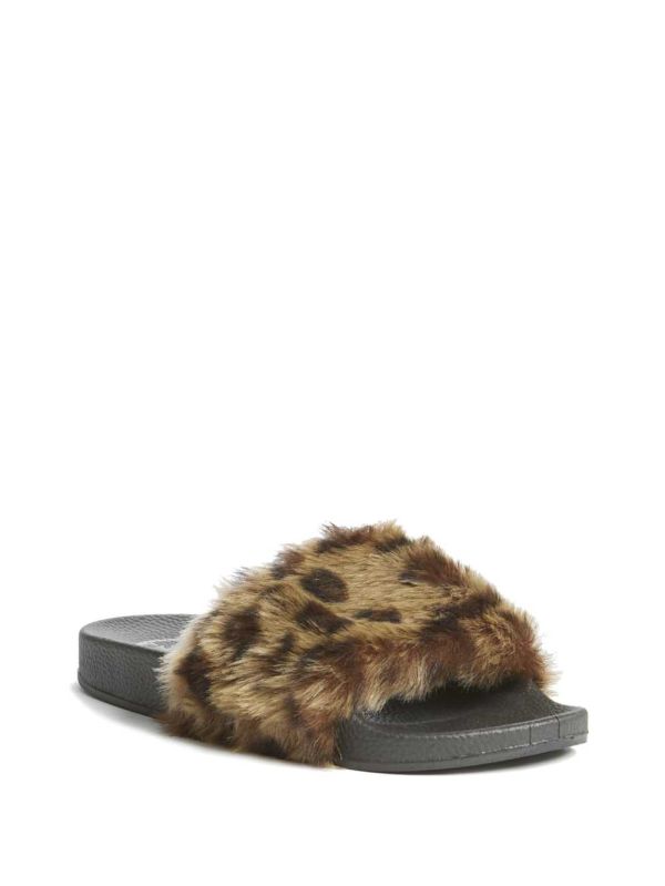 Brown Women's Guess Buffie Leopard Faux-Fur Slide Slide Sandals Australia Sale | 017ZIJXSY