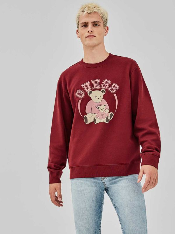 Burgundy Men's Guess Originals Bear Crewneck Sweatshirt Australia Sale | 542LGCPVA