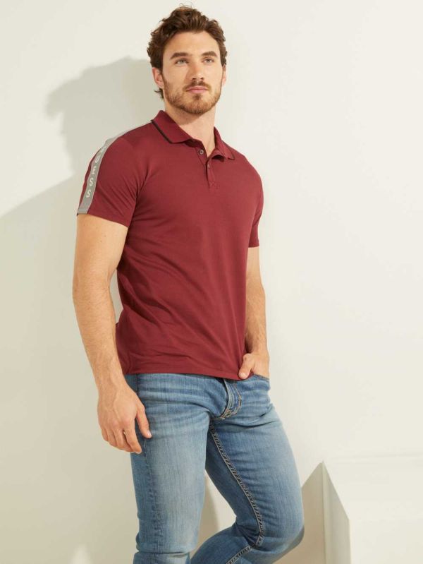 Burgundy Men's Guess Pique Logo-Taping Polo Shirts Australia Sale | 328CQTNLK