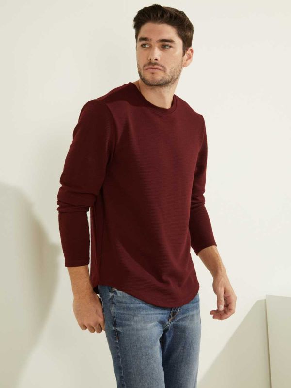 Burgundy Men's Guess Textured Jersey Crewneck Sweatshirt Australia Sale | 481VUBFYG