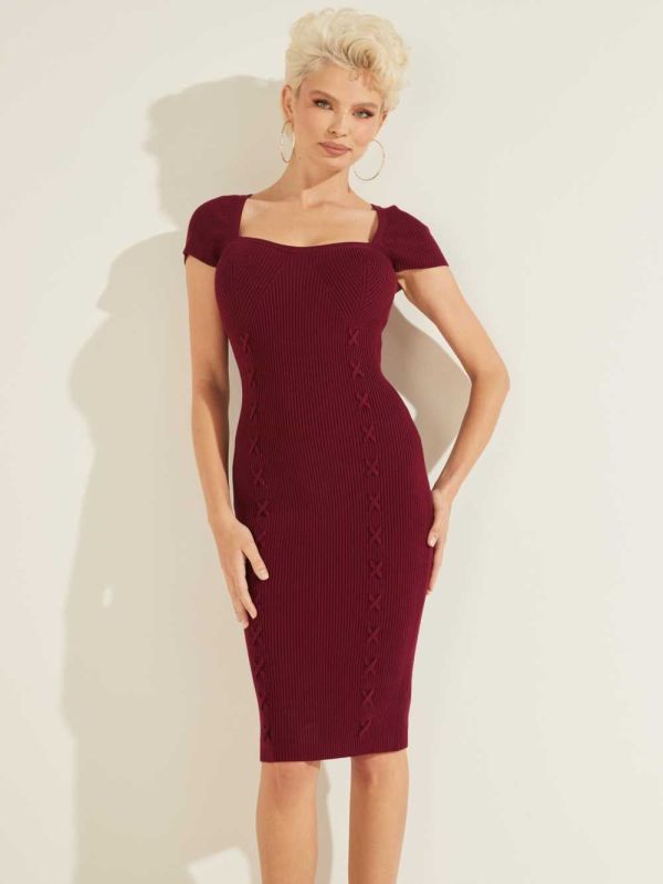 Burgundy Women's Guess Margot Ribbed Dresses Australia Sale | 635FZWQET