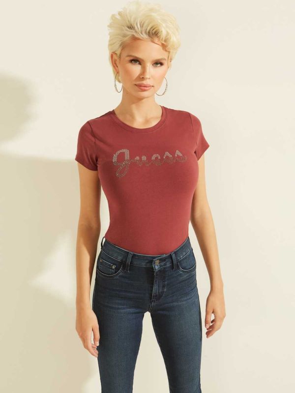 Burgundy Women's Guess Split Script Logo T-shirt Australia Sale | 678APVLHW