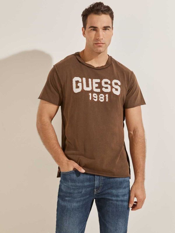 Chocolate Brown Men's Guess Eco Raw Patchwork Logo T-shirt Australia Sale | 291BECFMJ