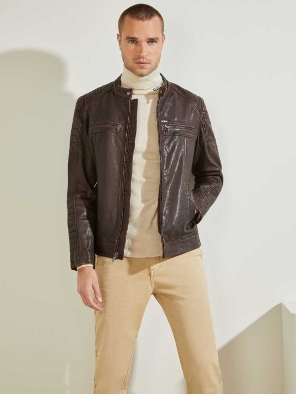 Chocolate Brown Men's Guess Leather Biker Jackets Australia Sale | 714ZFSKLC