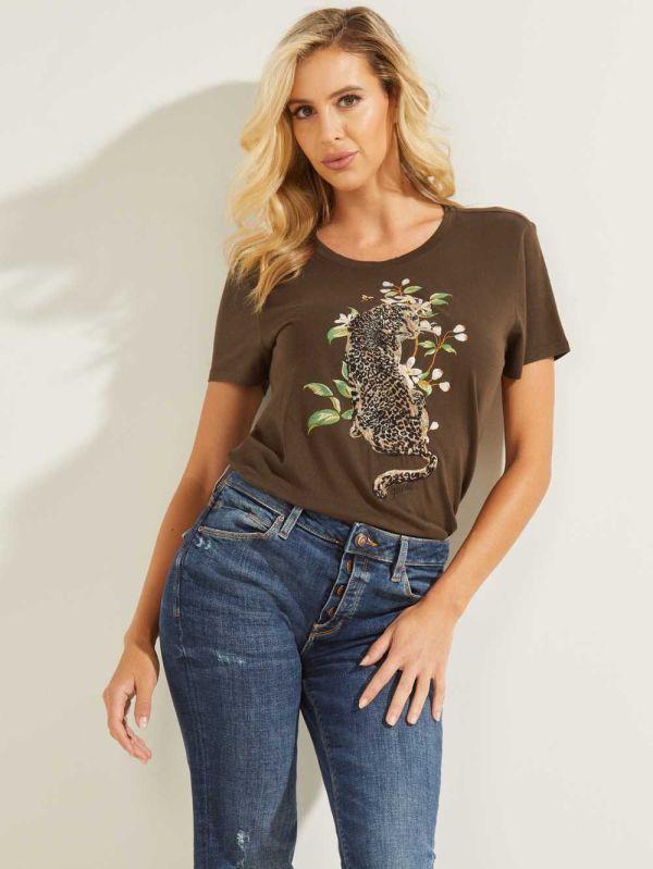 Coffee Women's Guess Cheetah Bloom Easy T-shirt Australia Sale | 081STYGVK