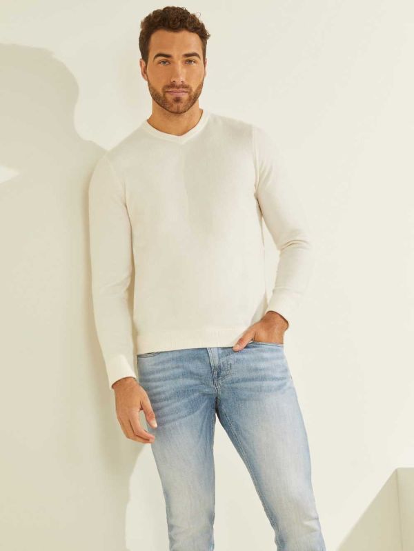 Cream White Men's Guess Esmere Wool-Blend V-Neck Sweaters Australia Sale | 341LHGOFJ