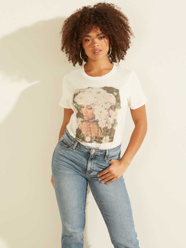 Cream White Women's Guess Eco Roses Easy T-shirt Australia Sale | 375VYOSHA