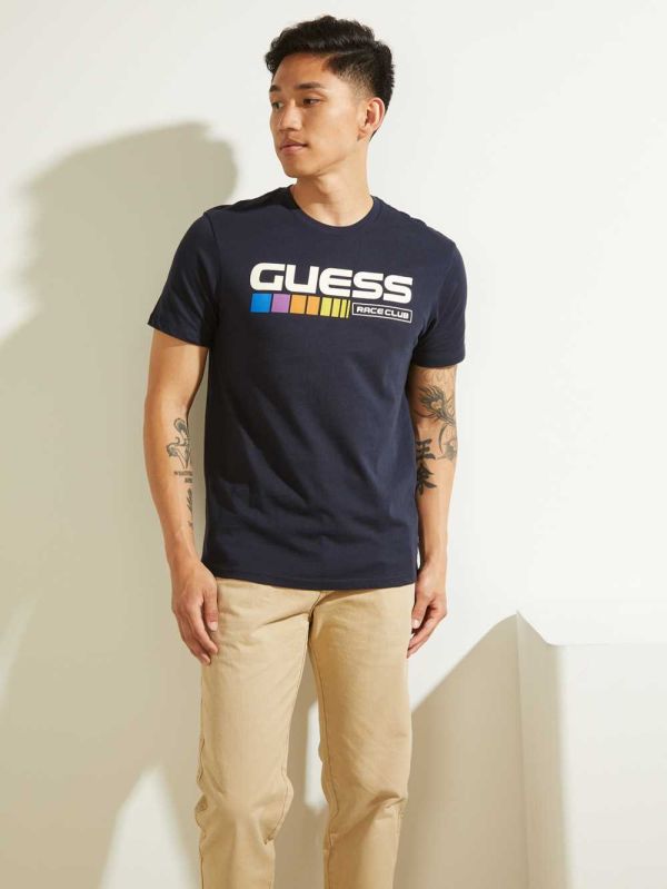 Dark Blue Men's Guess Eco Guess Race Club T-shirt Australia Sale | 207OMISHV