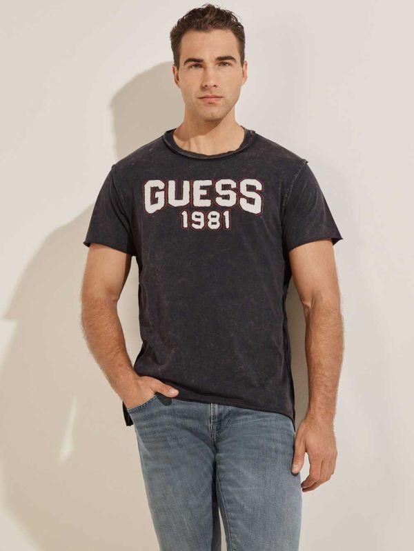 Dark Blue Men's Guess Eco Raw Patchwork Logo T-shirt Australia Sale | 139XBWLJT