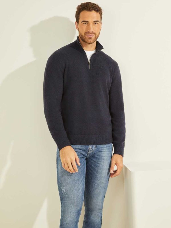 Dark Blue Men's Guess Esmere Wool-Blend Zip Sweaters Australia Sale | 481SWXUOI