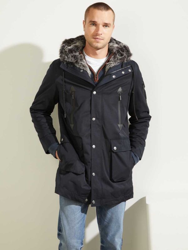 Dark Blue Men's Guess Military Faux-Fur Lined Parka Jackets Australia Sale | 281ZXHSGD