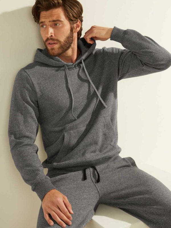 Dark Grey Men's Guess Eco Roy Embroidered Logo Hoodie Australia Sale | 704DMOILP